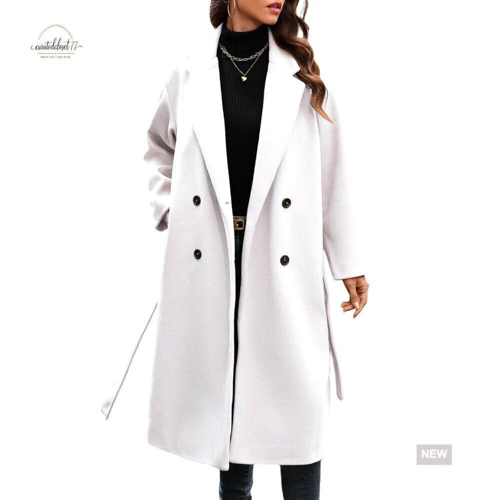 Wool Blend Pea Coat Double Breasted Notch Lapel Trench Overcoat Classic Chic